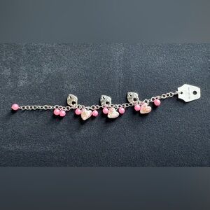 Silver-tone Chain Charm Bracelet with Pink Beads and Heart Charms